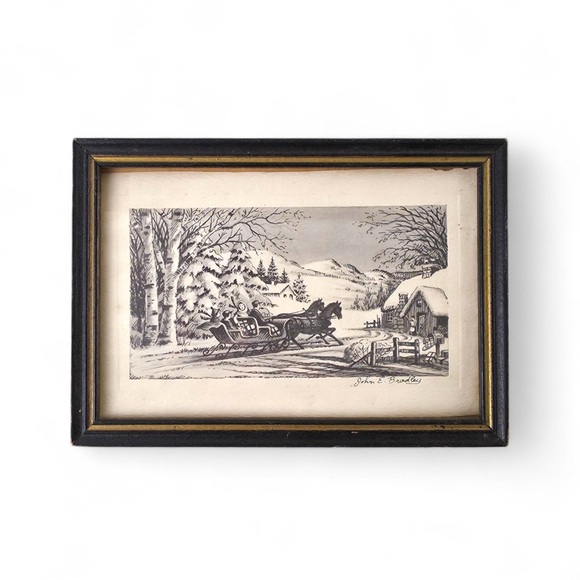 Other - John E. Bradley Signed Winter Sleigh Ride Illustration - Framed Pen & Ink Style